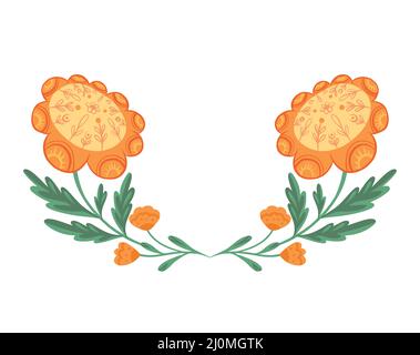 Vector clipart frame with yellow flowers on stems with folk ornaments isolated from background. Template with floral arrangement with naive ornaments. Stock Vector