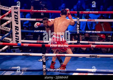 March 19, 2022, New York, NY, New York, NY, United States: NEW YORK, NY - MARCH 19: (L-R) Steve Rolls punches Edgar Berlanga in their fight during the Top Rank Boxing event: Berlanga v Rolls at Madison Square Gardens Hulu Theatre on March 19, 2022, in New York City, New York, United States. (Credit Image: © Matt Davies/PX Imagens via ZUMA Press Wire) Stock Photo