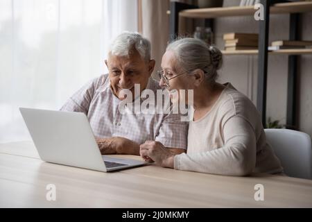 Happy older couple using laptop buying goods through e-commerce Stock Photo