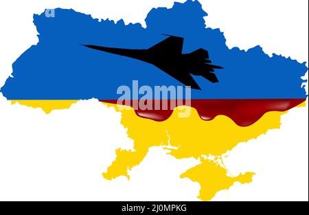 Map of Ukraine, drowning in blood. Russian invasion of Ukraine. Russian military machine. Stock Vector