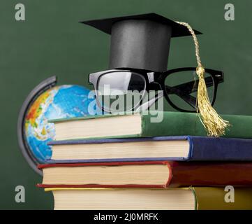 Front view educational objects assortment close up Stock Photo