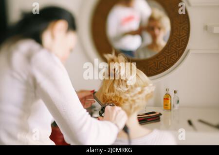 Hairdresser makes the girl styling with a curling iron. Close-up. Back view Stock Photo