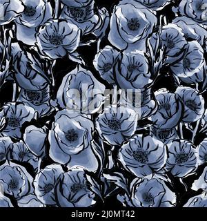Seamless pattern of watercolor blue flowers on a black background. Stock Photo