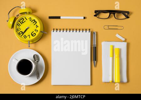 Flat lay notebook coffee cup Stock Photo