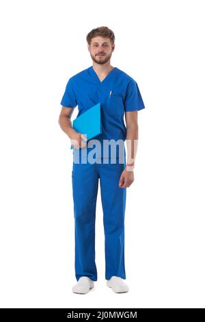 Male nurse holding file folder isolated on white background Stock Photo