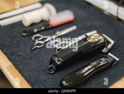 Close up view barbershop accessories Stock Photo