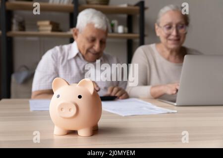 Elderly spouses manage family finances, focus on piggybank on table Stock Photo