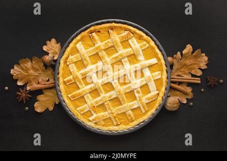 Flat lay pumpkin pie thanksgiving Stock Photo