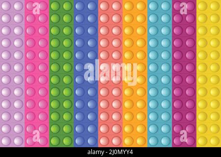 Seamless pattern with trendy game pop it, simple dimple. Rainbow fidget toy. Colorful antistress background. Doodle style. Bubbles popping square Stock Vector