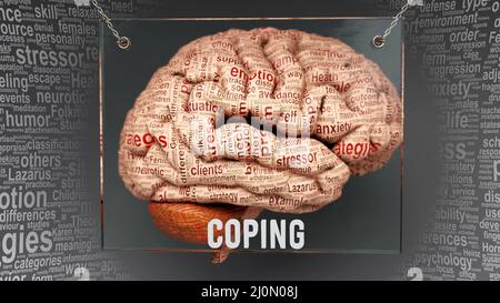 Coping anatomy - its causes and effects projected on a human brain revealing Coping complexity and relation to human mind. Concept art, 3d illustratio Stock Photo