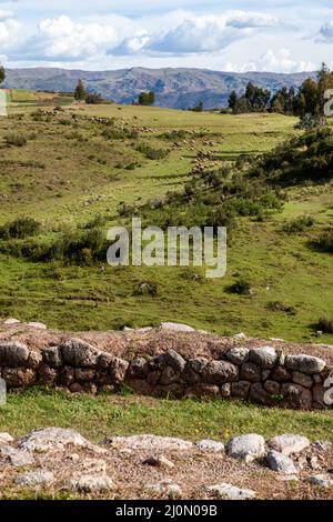 Beautiful view of the Puka Pukara Inca Archaeological Complex with its stone walls in Cusco, Peru Stock Photo