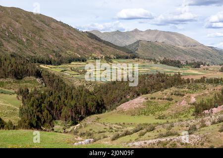 Beautiful view of the Puka Pukara Inca Archaeological Complex with its stone walls in Cusco, Peru Stock Photo