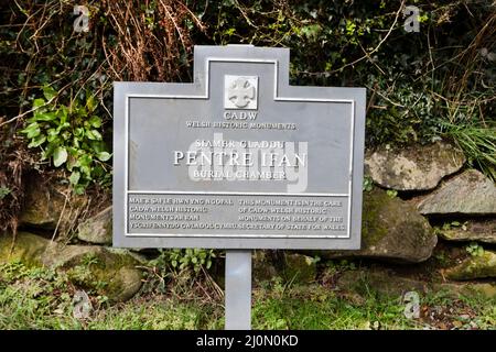 A sign for Pentre Ifan which is the name of an ancient manor in the community and parish of Nevern, Pembrokeshire, Wales. It is 11 miles from Cardigan Stock Photo