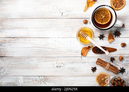Flat lay of tea with honey and copy space Stock Photo