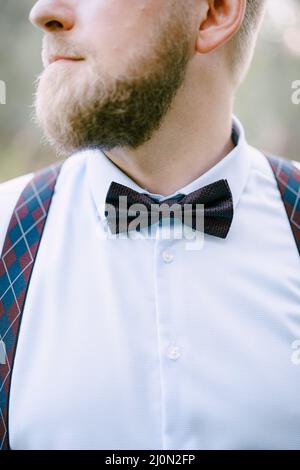 Bearded man in blue shirt with suspenders and bow tie, close-up Stock Photo