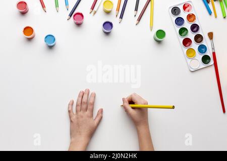 Flat lay colorful aquarelle with copy space Stock Photo