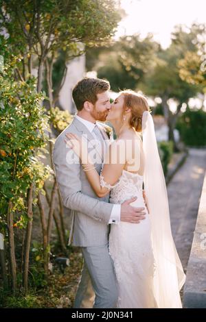 Bride and groom embracing and kissing near the green bushes in the park Stock Photo
