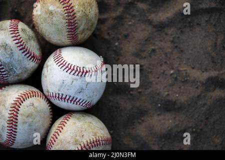 Close up dirty baseballs with copy space Stock Photo