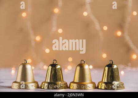 Christmas composition small metallic bells Stock Photo