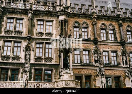 Statues and columns on the facade of the New Town Hall on Marienplatz. Germany Stock Photo