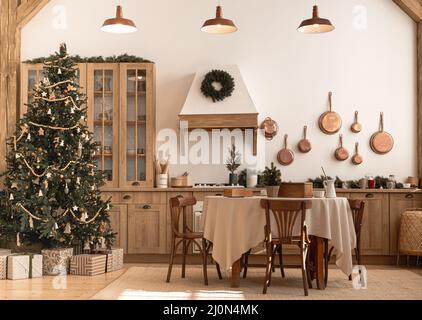 Festive christmas modern kitchen with big tree Stock Photo - Alamy
