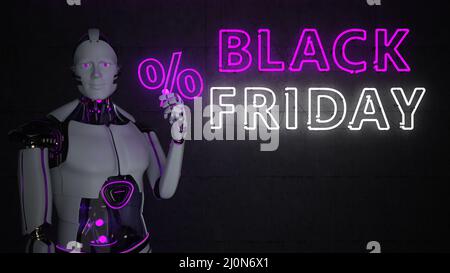Robot Neon Sign Black Friday Stock Photo