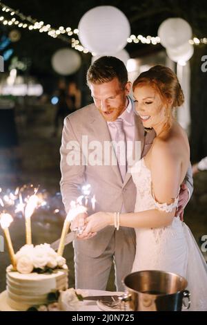 Bride and groom cut the wedding cake Stock Photo