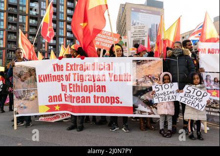 London, UK. 7 November 2021. Protesters march from the US Embassy to Trafalgar Square to mark one year since the Tigray war Stock Photo