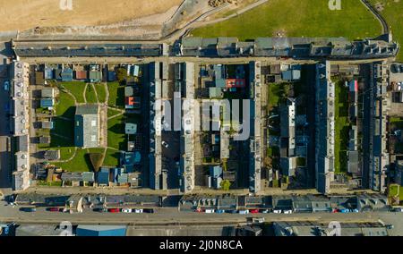 Aerial view of Footdee or Fittie an old community and cluster of houses beside the beach in Aberdeen, Scotland UK Stock Photo