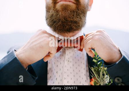 Groom straightens his bow tie around his neck Stock Photo