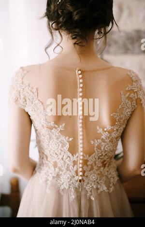 Back of the bride in a lace dress with a beautiful hairstyle Stock Photo