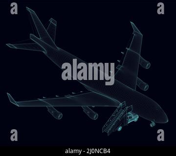 Aircraft wireframe with a ladder for disembarking people from blue lines isolated on a dark background. Isometric view. 3D. Vector illustration. Stock Vector