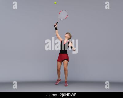 3D Render : Full body portrait of female tennis player is performing and acting in training session Stock Photo