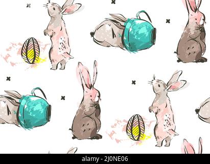 Hand drawn vector abstract sketch graphic scandinavian freehand textured modern collage Happy Easter cute simple bunny illustrations seamless pattern Stock Vector