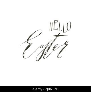 Hand drawn vector abstract graphic scandinavian Happy Easter cute greeting card template with Hello Easter handwritten calligraphy phase text isolated Stock Vector