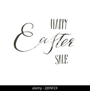 Hand drawn vector abstract graphic scandinavian Happy Easter cute greeting card template with Happy Easter Sale calligraphy lettering phases text Stock Vector