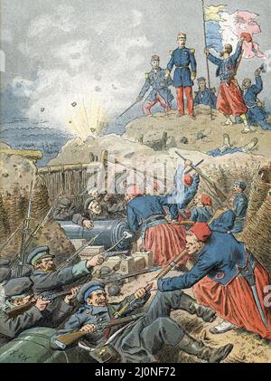 Guerre de Crimee : Bataille de Malakoff opposant  les troupes russes aux corps expeditionnaires francais et britanniques juin et septembre 1855 (Battle of Malakoff french attack against Russian forces on the Malakoff redoubt and its subsequent capture on 8 September 1855 as a part of the siege of Sevastopol during the Crimean War) Gravure tiree de 'La France a travers les siecles' de Witt 1897 Collection privee Stock Photo