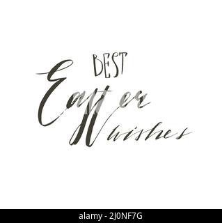 Hand drawn vector abstract graphic scandinavian Happy Easter cute greeting card template with Best Easter wishes calligraphy lettering phases text Stock Vector