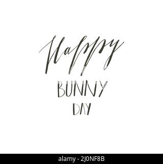 Hand drawn vector abstract graphic scandinavian Happy Easter cute greeting card template with Happy Bunny Day handwritten calligraphy phases text Stock Vector