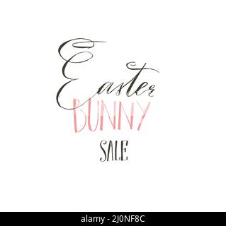 Hand drawn vector abstract graphic scandinavian Happy Easter cute greeting card template with Easter Bunny Sale calligraphy lettering phases text Stock Vector