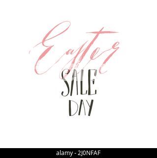 Hand drawn vector abstract graphic scandinavian Happy Easter cute greeting card template with Easter sale day calligraphy lettering phases text Stock Vector