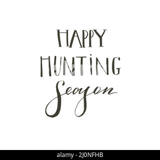 Hand drawn vector abstract graphic scandinavian Happy Easter cute greeting card template with Happy Hunting Season calligraphy lettering phases text Stock Vector