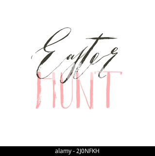 Hand drawn vector abstract graphic scandinavian Happy Easter cute greeting card template with Easter Hunt calligraphy lettering phases text isolated Stock Vector