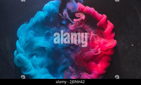 Ink water explosion. Harmony balance. Blue pink acrylic paint spill ...
