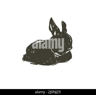 Hand drawn vector abstract sketch graphic scandinavian ink freehand textured black sihouette Happy Easter cute simple bunny illustrations greeting Stock Vector