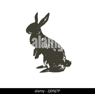 Hand drawn vector abstract sketch graphic scandinavian ink freehand textured black sihouette Happy Easter cute simple bunny illustrations greeting Stock Vector