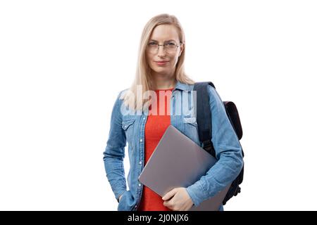Female student in studio with laptop Stock Photo