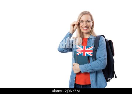 Woman with english book in studio Stock Photo