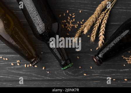 Top view beer bottles arrangement. High quality and resolution beautiful photo concept Stock Photo