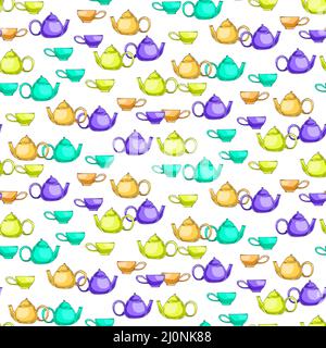 Colorful tea, coffee cups and teapots. Simple elegant seamless pattern hand drawn cups and pots on white for design, textile prints, scrapbooking, wra Stock Vector
